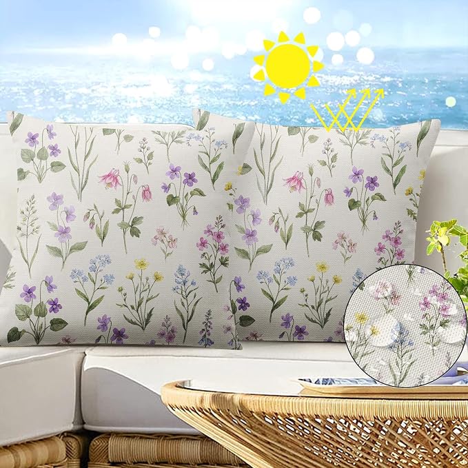 Outdoor Throw Pillow Covers, Floral Wildflower, Set of 2 | Botanical waterproof 18 x 18 inch square pillowcase cushion case decorative pillows for farmhouse garden couch beach patio