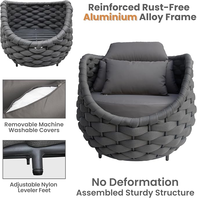 Aluminum Outdoor Seating Set: 5 Pieces Woven Rope Patio Furniture Conversation Set - Modern Deck Loveseat Set Cushioned - Assembled Metal Porch Lounge Set for Yard Garden Lanai Hotel, Dark Grey
