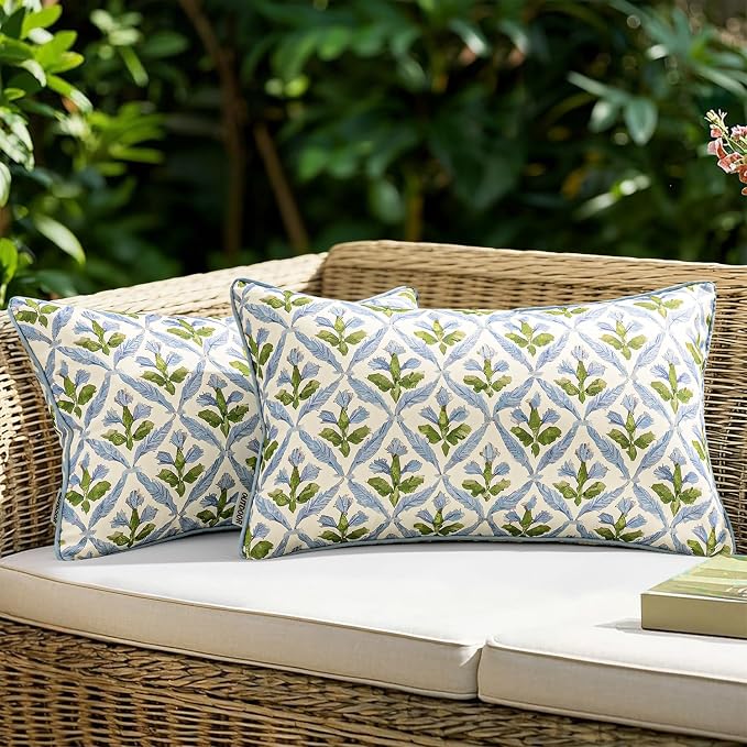 MIULEE Outdoor Floral Pillow Covers Waterproof 12x20 Blue-Green | Decorative Block Print,Boho Farmhouse, Set of 2 Coastal Summer Cushion Covers with Piping,Garden Patio Furniture Porch Couch