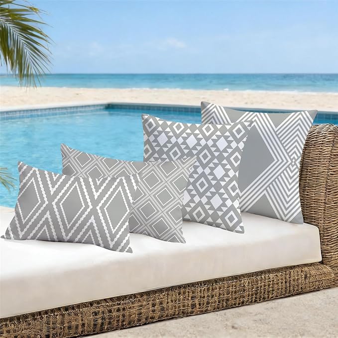 NIGHTWISH Outdoor Waterproof Pillow Covers 12x20 Set of 4 Gray Modern Geometry Decorative Outdoor Throw Pillows Boho Cushion Cases for Patio Furniture Bench Couch Sunbrella