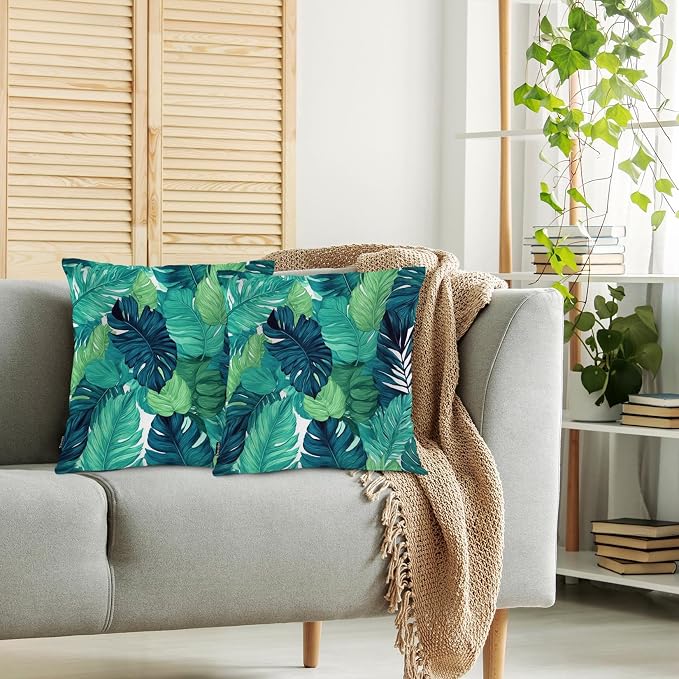Swono Palm Leaves Bed Pillow Covers, Tropical Beach Turquoise Green Palms Decorative Throw Pillow Cover Cushion Case for Sofa Bed Living Room Farmhouse Decorations, 18"X18" 2 Pieces Pillowcases