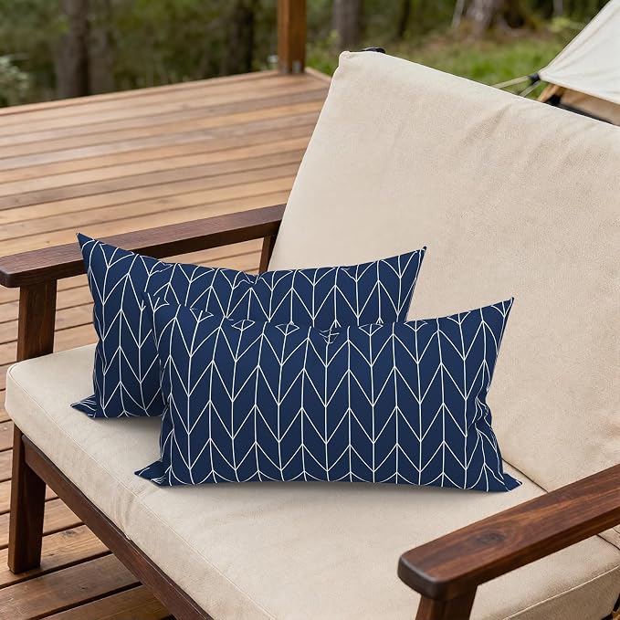 Outdoor Lumbar Pillows, Water Repellent Cushion Pillows 12x20 Inch, Outdoor Pillows with Inserts for Home Garden, Pack of 2, Herringbone Navy