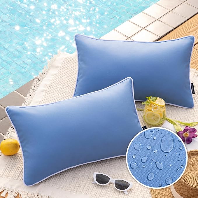 Phantoscope Pack of 2 Outdoor Waterproof Throw Pillow Covers Decorative Square Cushion Case Patio Pillows for Couch Tent, Foggy Blue 12x20 inches
