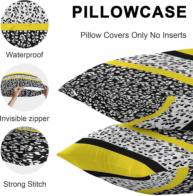 Black Yellow Outdoor Pillow Covers 20x12 Inch Lumbar Pillow Covers Set of 2 Waterproof Decorative Throw Pillow Cases Floral Stripe Aesthetic Flower Boho Cushion Covers for Patio Furniture