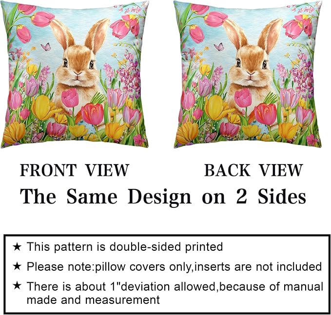 Easter Bunny Pillow Covers 24x24 Set of 2 Lovely Rabbit with Tulip Throw Pillow Covers Spring Pillow Case Floral Cotton Blend Cushion Case for Easter Decor Sofa Patio Garden