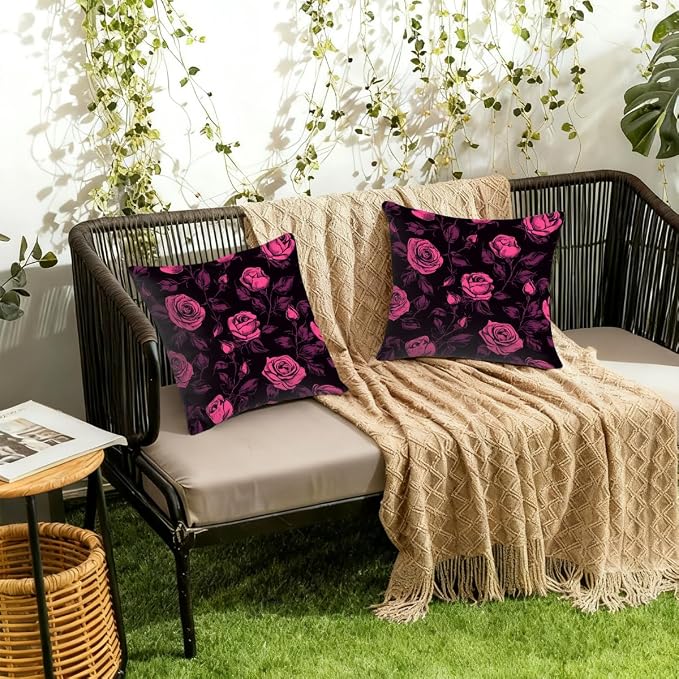 20x20 Inch Outdoor Pillow Covers Set of 2 Waterproof Throw Pillow Covers Decorative Couch Cushion Covers Pink Roses Plant Square Pillowcases Protectors for Patio Garden Sofa