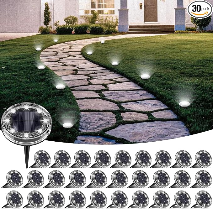 LOTMOS 30 Pack Solar Ground Lights Outdoor, 8 LED Solar Flat Lights IP68 Waterproof Disc Light, Landscape Lighting Solar Powered for Garden Yard Path Driveway Lawn Patio Walkway, Cool White