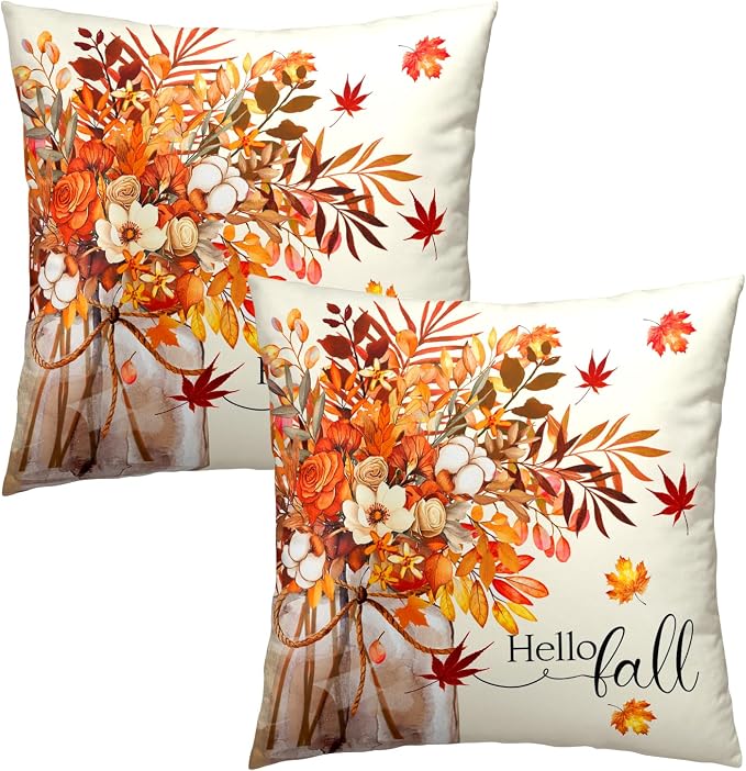 Fall Pillow Covers 20x20 Inch Set of 2 Autumn Thanksgiving Outdoor Throw Pillow Covers,Farmhouse Floral Mason Jar Cushion Case for Sofa Couch Decor