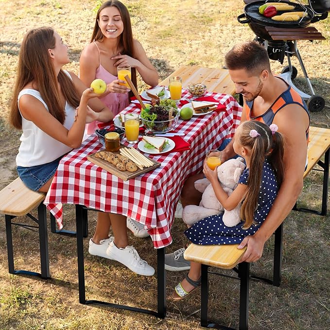 VINGLI 70 Inch Folding Picnic Tables with Benches Set, Weather-Resistant Wooden Beer Garden Table Bench, 3-Piece Portable Fold Up Camping BBQ Table w/Carrying Handles,Natural Wood Color