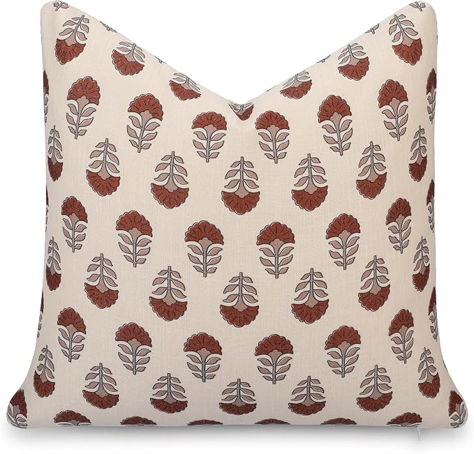 Crumbs Home Modern Farmhouse California Casual Indoor Outdoor Throw Pillow Cover, 20"x20" Water Repellent for Patio, Backyard, Couch, Poolside, Earth Tone Rust Orange Neutral Block Print Flowers
