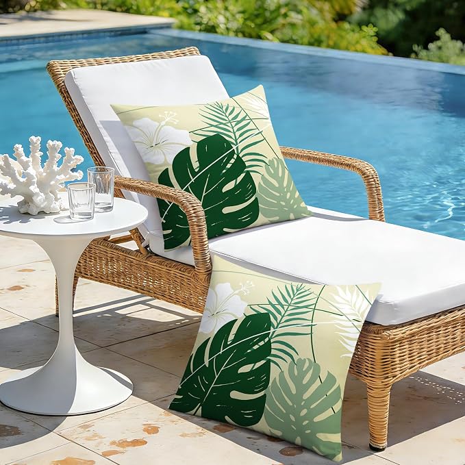 OTOSTAR Outdoor Waterproof Throw Pillow Covers 20x20 Inch Set of 2 Double-Sided Green Tropical Leaf and Flower Spring Summer Decorative Pillow Cases for Patio Funiture Garden Balcony Couch