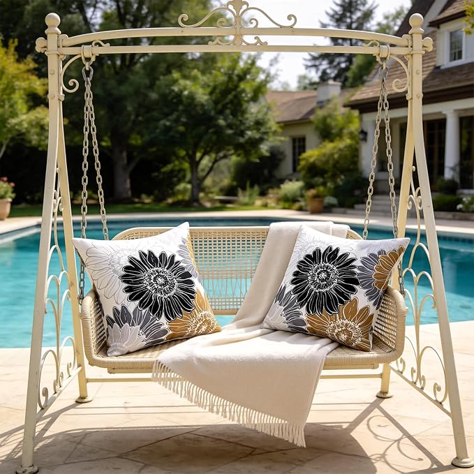 Outdoor Pillow Covers Waterproof Summer Square Cushion Covers Decorative Floral Brown Black Sunflower Throw Pillow Covers 20x20 Set of 2 Garden Throw Pillowcase for Patio Furniture Tent Balcony Bench