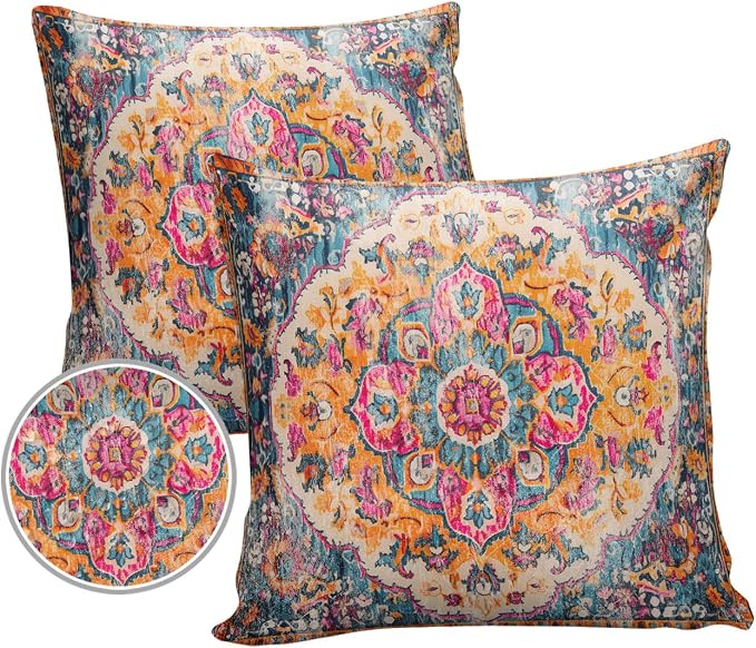 Prime Leader Outdoor Waterproof Pillow Covers Set of 2, Geometric Abstract Carpet Flowers Pattern Pink Patio Throw Pillow Covers, Decorative Cushion Case for Couch Sofa Furniture Garden, 20x20 Inch