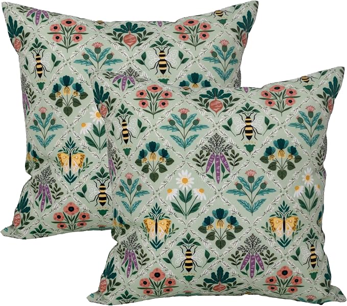 Outdoor Pillow Covers 18x18 Set of 2 Sage Garden Print, Waterproof & UV Resistant Polyester for Patio, Couch, Porch, Spring Botanical Decor