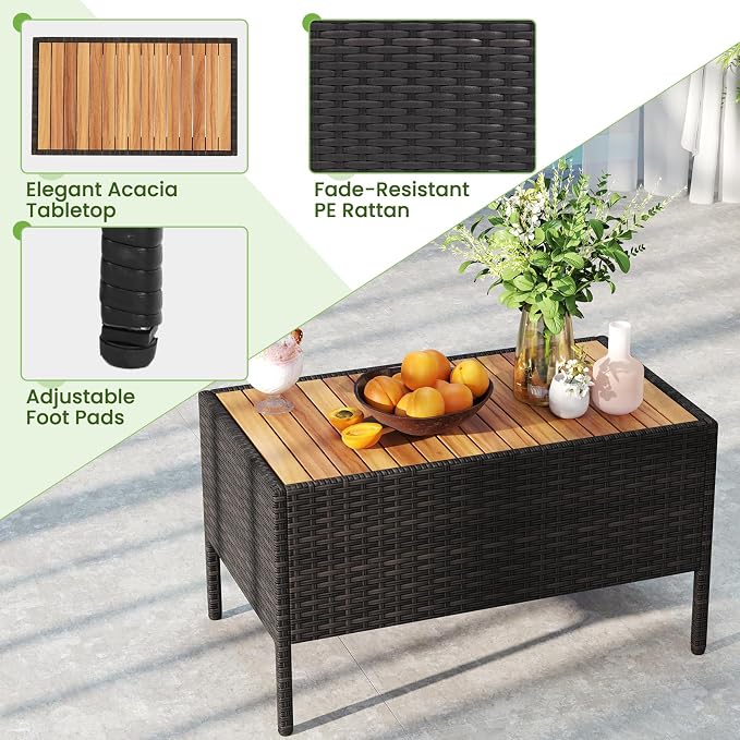 HAPPYGRILL 8 Pieces Outdoor Patio Rattan Furniture Set, Rattan Conversation Set with Chairs & Loveseat, Acacia Wood Tabletop & Armrest, Outdoor Cushion Sofa Set for Backyard Patio Poolside