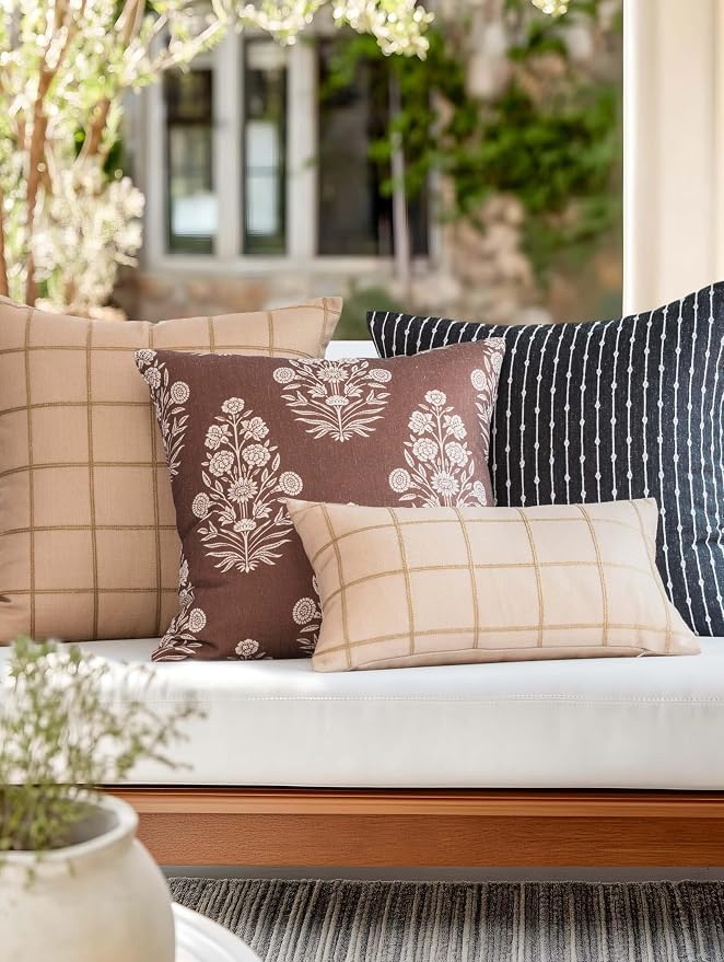Modern Farmhouse Fall Linen Indoor Outdoor Throw Pillow Cover Only, 22"x22" Water Repellent for Patio, Backyard, Couch, Black Neutral Embroidered Stripes