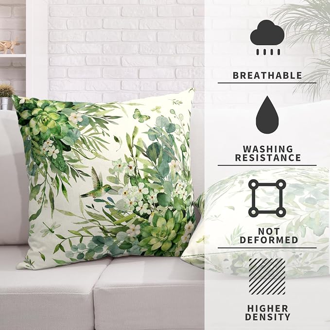 Eucalyptus Throw Pillow Covers 20x20 Watercolor Leaf Pillow Cases Greenery Sage Leaf White Floral Pillow Covers Spring Hummingbird Green Cushion Case for Bedroom Living Room 2Pcs