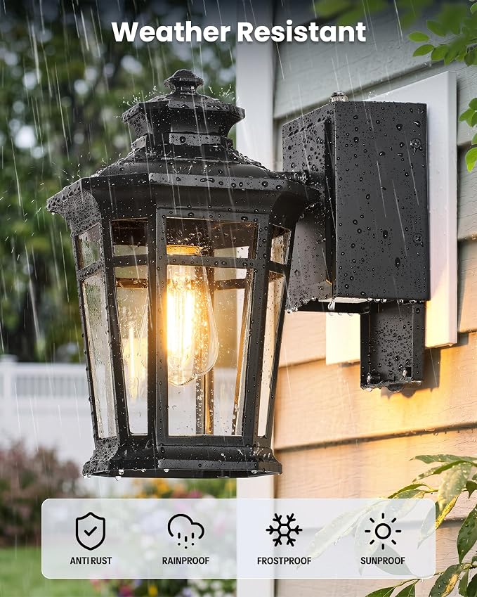 Gleamz Large Dusk to Dawn Outdoor Lighting with GFCI Outlet, Black Exterior Lighting Fixtures, Outdoor Porch Lights Wall Mount for Garage, Patio, Coach, 100% Aluminum Anti-Rust Waterproof