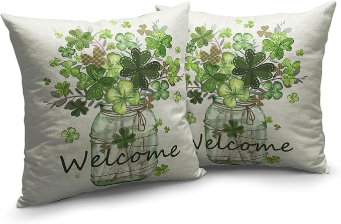 St Patricks Day Pillow Covers 16x16 Set of 2 Shamrock Pillow Case Clover Vase Decorative Pillow Covers Spring Cotton Linen Cushion Case for Living Room Outdoor Bedroom