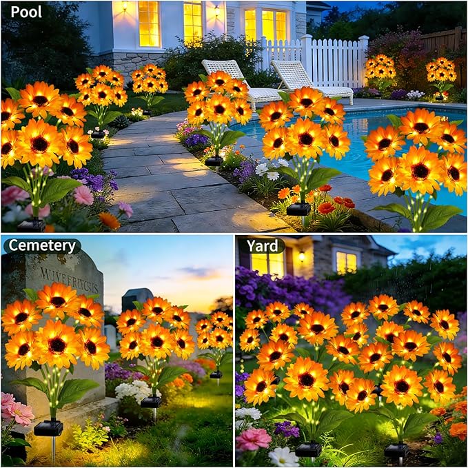 Solar Garden Lights Outdoor, 3 Pack Solar Sunflower Lights with 18 Head 3.45 Inch Flowers, Waterproof Flowers Light Fall Thanksgiving Decorations for Garden Yard Patio Backyard, Gifts for Mom Women
