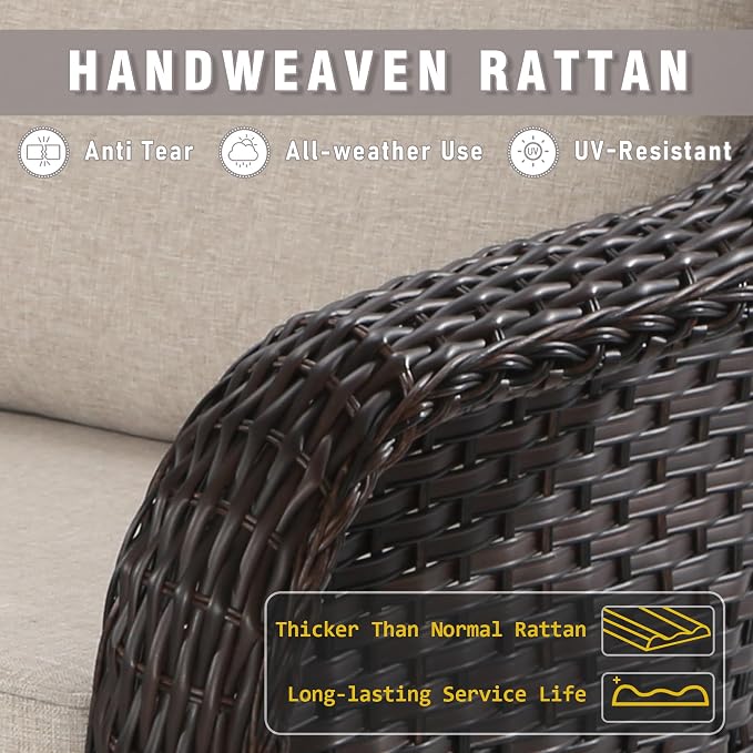 6 Piece Patio Wicker Conversation Set, All-Weather Use Outdoor Wicker Sofa with 2 PE Rattan Ottomans,2 Chair, 1 Side Table, Ideal for Porch, Backyard, Balcony, Poolside, Beige
