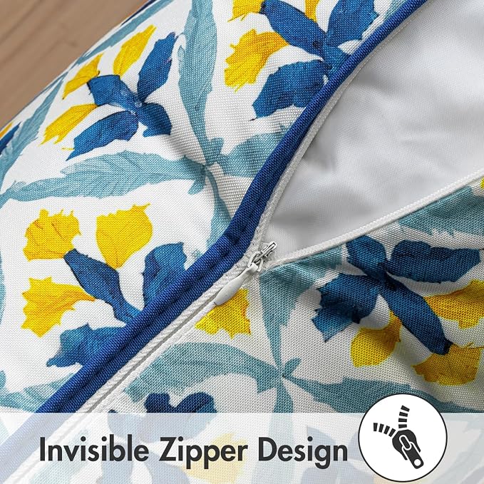 MIULEE Outdoor Floral Pillow Covers Waterproof 18x18 Light Yellow Blue | Decorative Block Print,Boho Farmhouse, Set of 2 Coastal Summer Cushion Covers with Piping,Garden Patio Furniture Porch Couch