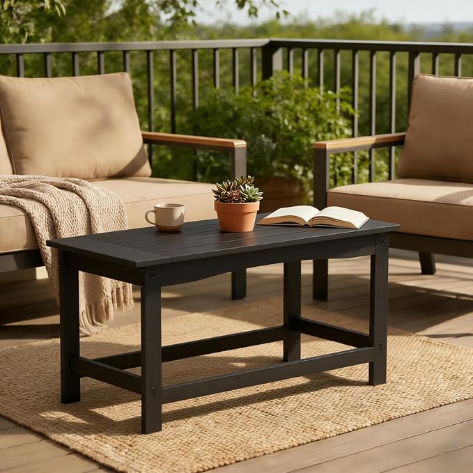 Outdoor Coffee Table, 35.4" x 17.5" All Weather Rectangle Patio Coffee Side Table for Garden Lawn Porch Poolside Balcony (Black)