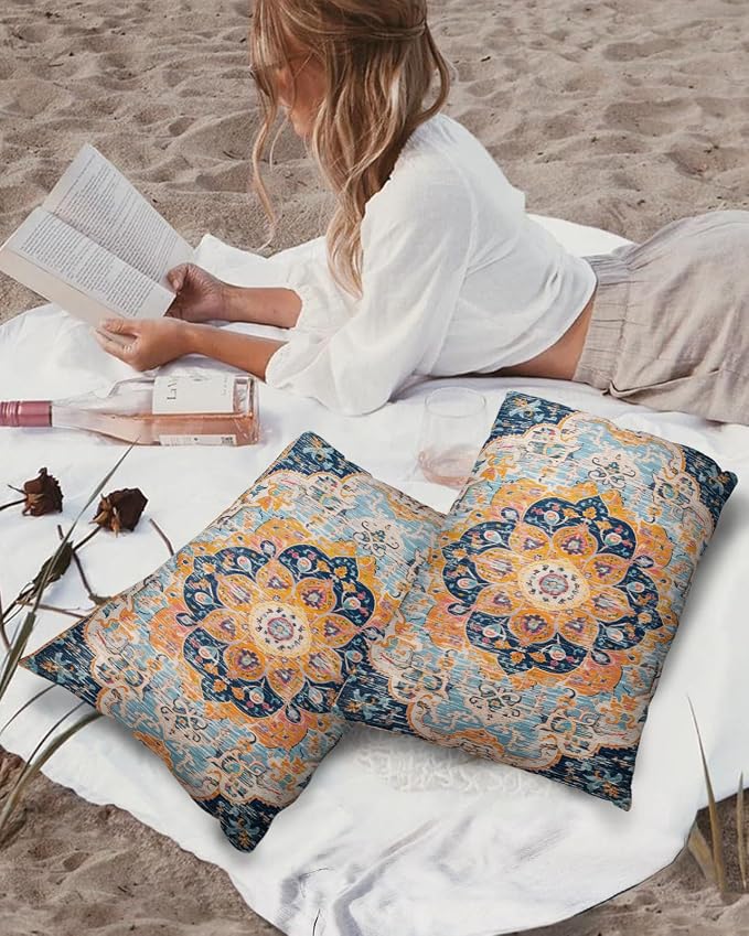 Outdoor Waterproof Pillow Covers Set of 2, Meddle Century Vintage Blue Carpet Mural Pattern Patio Throw Pillow Covers, Decorative Cushion Case for Couch Sofa Furniture Garden, 20x12 Inch