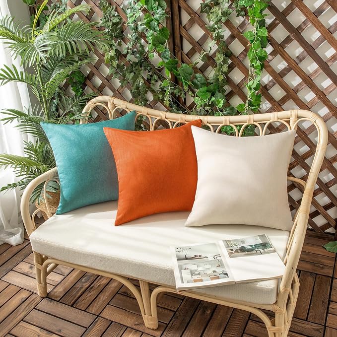 Outdoor Waterproof Throw Pillow Covers Orange 20x20 Set of 2 | Decorative Farmhouse Linen Pillowcases Solid Cushion Cases for Patio Tent Balcony Couch Sofa Living Room