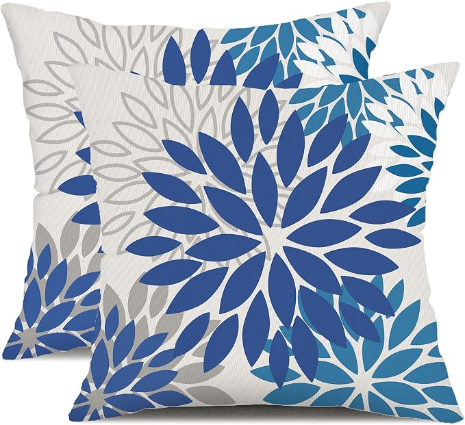 DFXSZ Outdoor Waterproof Pillow Covers 20x20 Set of 2 DarkLight Blue Flower | Spring Summer Waterproof Flower Throw Pillowcases（No Inserts）Outdoor Decor for Patio Funiture Garden Polyester Covers