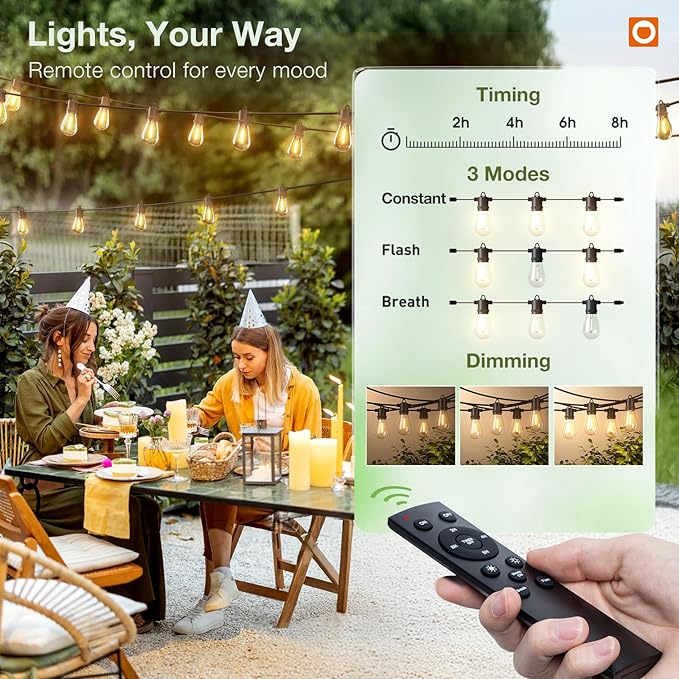 addlon 50FT Outdoor String Lights LED with Remote Dimmable Waterproof | Timer & 3 Lighting Modes, Shatterproof Edison Bulbs, Connectable Hanging Strand for Patio Outside Backyard Porch Party Décor