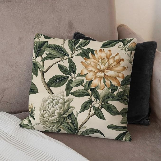 Pillow Cover Green and White Chinoiserie Floral Cushion Cover Modern Golden Lotus Flower Pillow Cover Accent Outdoor Waterproof Decorative Pillow Cover for Patio Couch Tent Sofa 16x16 in