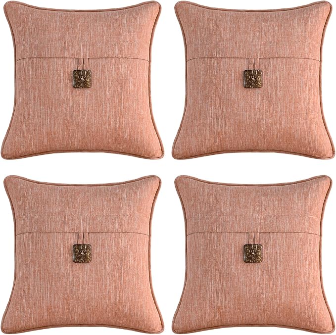 Outdoor Decorative Pillows with Coconut Button Pack of 4, 16" x 16" Outdoor Pillow Set for Couch Bed Throw Patio Sofa, Light Lotus Red