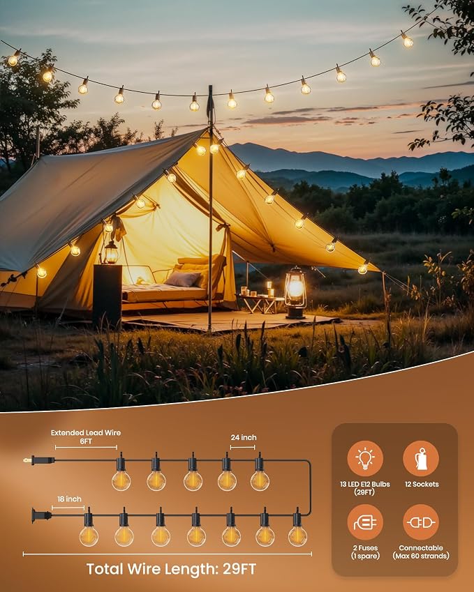 Brightown Outdoor String Lights, 29FT G40 LED IP65 Waterproof Patio Lights | 12 Shatterproof Edison Bulbs, Plug-In, Dimmable, Connectable, Hanging Light for Backyard Porch Party Decor, Warm White