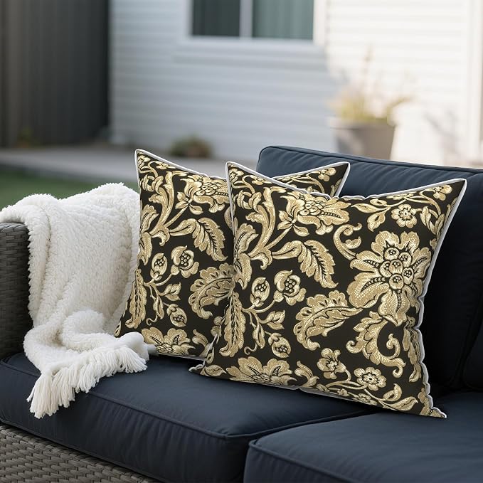 Outdoor Throw Pillows Inners, Fade Resistant Patio Furniture Square Pillows with Piping Set of 2 for Patio Furniture, 18x18 Inch, Jacobean Black