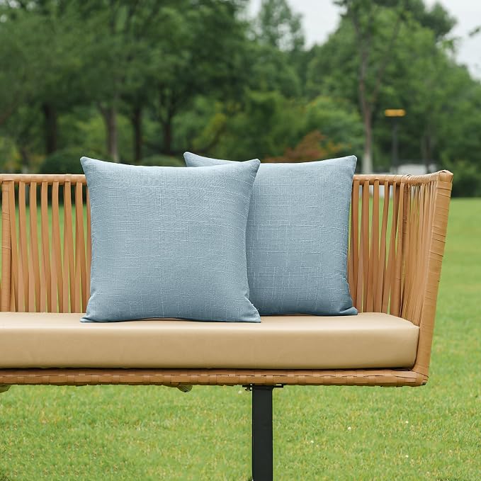NiNi ALL Waterproof Outdoor Pillow Covers 18x18 Set of 2 Patio Light Blue | Faux Linen Textured Decorative Solid Throw Pillow Covers Farmhouse for Garden Furniture Tent Balcony Couch Sofa Cushion