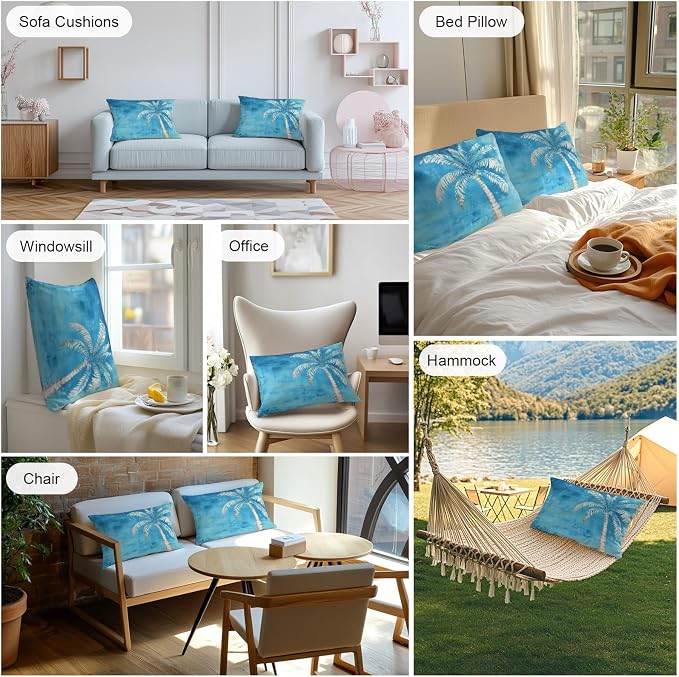Coastal Beach Tree Blue Outdoor Waterproof Pillow Covers, Vintage Summer Palm Tropical Botanical Decorative Rectangle Throw Pillowcase Sofa Cushion Sham for Patio/Couch/Chair, 20"x12" 2 Pack