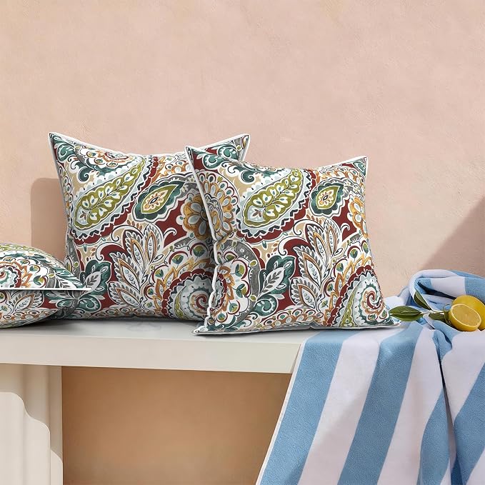 Outdoor Throw Pillows Inners, Fade Resistant Patio Furniture Square Pillows with Piping Set of 2 for Patio Furniture, 18x18 Inch, Paisley Chilli