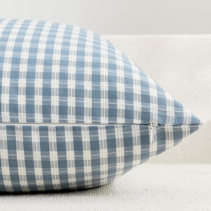 Light Blue and White Outdoor Waterproof Throw Pillow Covers 20x20 Set of 2, Gingham Couch Pillow Cases, Plaid Farmhouse Cushion Covers for Patio Summer Coastal Decor