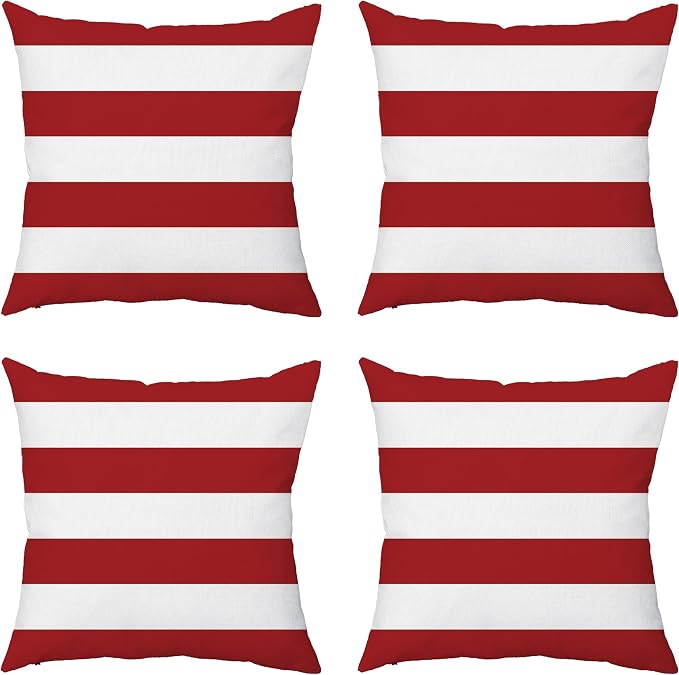 TAOSON Dark Red Striped Outdoor Throw Pillow Covers 18x18 Inch,Set of 4 | White Striped Waterproof Decorative Cushion Cases for Patio, Garden, Balcony & Couch