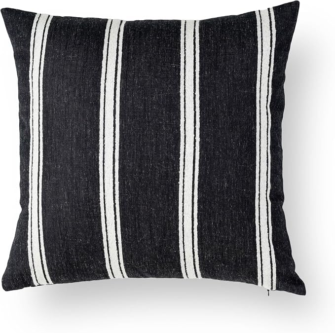Modern Farmhouse Fall Linen Indoor Outdoor Throw Pillow Cover Only, 20"x20" Water Repellent for Patio, Backyard, Couch, Black Neutral Embroidered Stripes