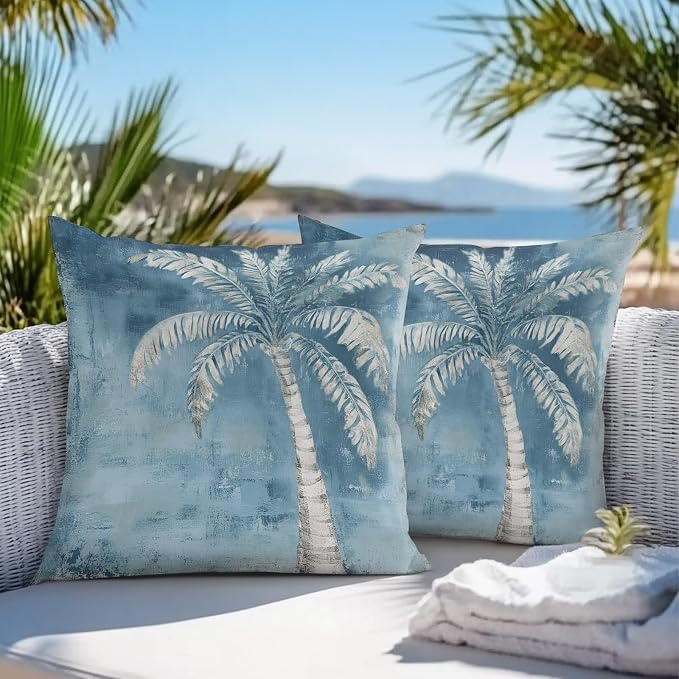 Coastal Beach Tree Blue Grey Outdoor Waterproof Pillow Covers, Vintage Summer Palm Tree Decorative Square Throw Pillowcase, Tropical Botanical Sofa Cushion Sham for Patio/Couch/Chair, 26"x26" 2 Pack
