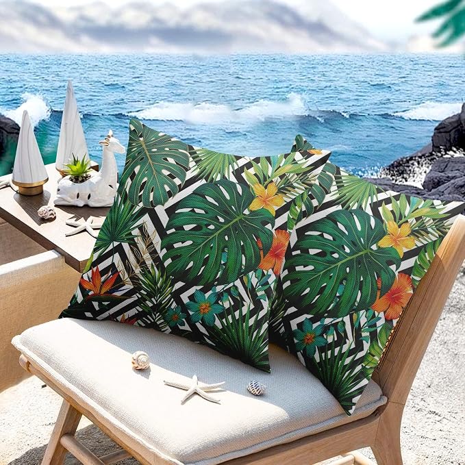Throw Pillow Covers, Leaf Striped, Set of 2, 18 x 18 Inch | Tropical Botanical Outdoor Waterproof Pillowcase Square Cushion Case Farmhouse Garden Decorative Pillows for Couch