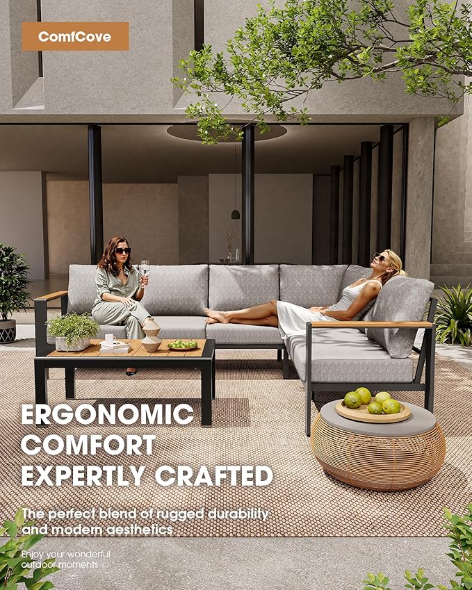 Aluminum Outdoor Patio Furniture Set, 8 Seats Patio Conversation Sets, Oversized Outdoor Sectional with Washable Thick Cushions & Coffee Table for Backyard, Garden and Poolside, Gray