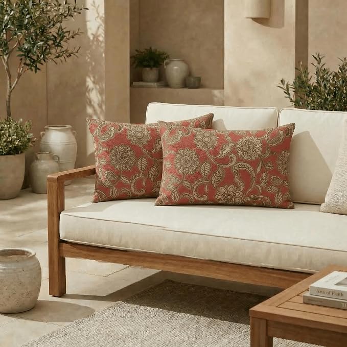 RSH DECOR: Designer Select Outdura Jumbo Lumbar Pillows Set of 2 | 26" x 16" | Water and Fade-Resistant Performance Fabric | Indoor Outdoor Accent Pillows | Made in USA (Veranda Crimson)
