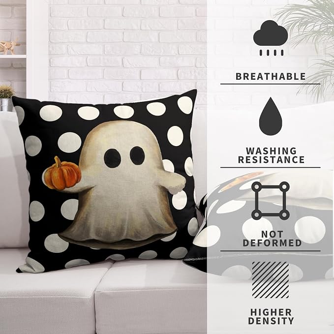 Ghost Pillow Covers Halloween Decorative Pillow Covers 18x18 Set of 2 Gus Ghost and Pumpkin Pillow Case White Polka Dot Spooky Throw Pillow Covers for Home Sofa Outdoor Decoration