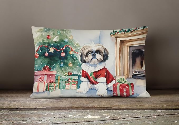 Caroline's Treasures DAC2751PW1216 Shih Tzu Cozy Christmas Throw Pillow Machine Washable, Indoor Outdoor Decorative Pillow for Couch, Bed or Patio, 12HX16W