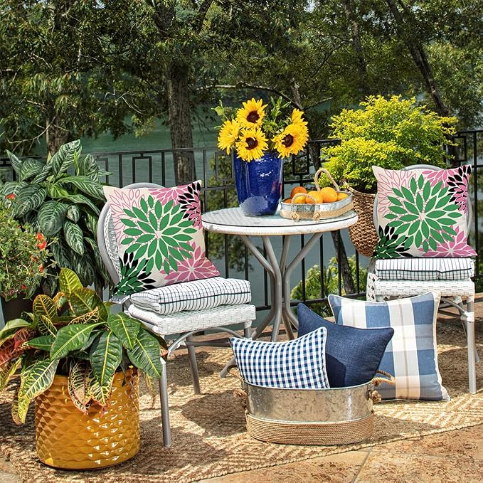 DFXSZ Outdoor Waterproof Pillow Covers 16x16 Set of 2 Green Pink Flower | Spring Summer Waterproof Flower Throw Pillowcases（No Inserts）Decor for Valentines Patio Funiture Garden Polyester Covers