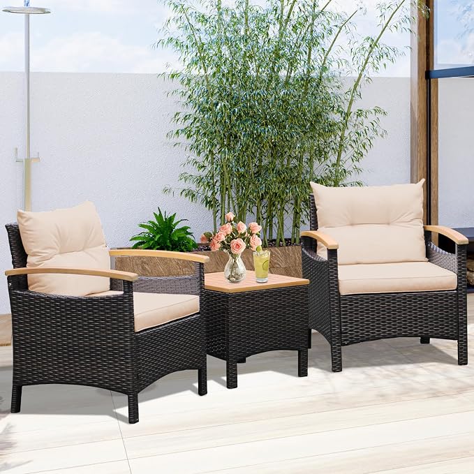 HAPPYGRILL 3 Pieces Patio Rattan Conversation Set, Outdoor PE Wicker Furniture Set with Coffee Table, Soft Seat Cushions & Throw Pillows, Acacia Wood Sofa Set for Patio Courtyard Poolside, Beige
