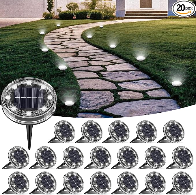 LOTMOS 20 Pack Solar Ground Lights Outdoor, 8 LED Solar Flat Lights IP68 Waterproof Disc Light, Landscape Lighting Solar Powered for Garden Yard Path Driveway Lawn Patio Walkway, Cool White
